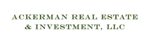 Text logo of "Ackerman Community-Based Real Estate & Investment, LLC" in white serif font on a dark green background.