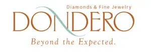 Logo of Dondero, featuring stylized text "dondero" in uppercase with the words "community-based diamonds & fine jewelry" and the slogan "beyond the expected" underneath.