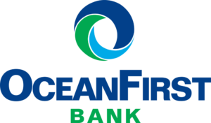 Logo of community-based OceanFirst Bank featuring a stylized blue and green circular icon above the blue text "OceanFirst Bank.