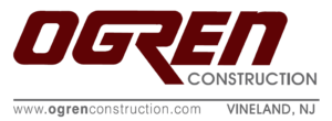 Logo of community-based Ogren Construction featuring stylized red text, company website URL, and location in Vineland, NJ.