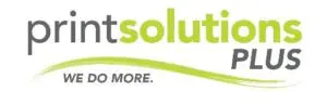 Logo of Community-based Printsolutions Plus, featuring stylized green text and a green swoosh, with the tagline "we do more." below the main text.