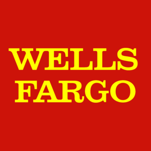 Wells Fargo logo in yellow letters on a community-based red background.