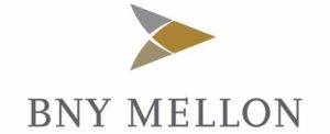 Logo of BNY Mellon featuring a community-based, stylized triangle in gray and gold above the company name in gray uppercase letters.