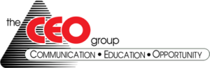 Logo of the community-based CEO group featuring red and white text, with the tagline "communication • education • opportunity" beneath, against a white background.