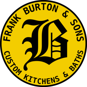 Logo of Frank Burton & Sons featuring stylized "fb" monogram in black on a yellow circle, encircled by the community-based company name and "custom kitchens & baths.