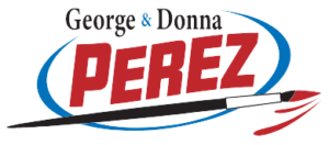 Logo featuring the text "george & donna perez" in stylized red and blue font, accented by a swooping black line and community-based red detailing on a green background.