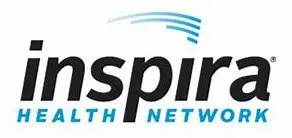 Logo of community-based inspira health network featuring stylized blue text "inspira" with a blue wave above and the words "health network" in black underneath.