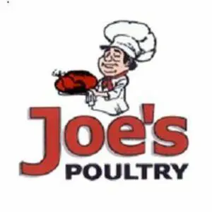 Logo of Joe's community-based poultry featuring a cartoon chef holding a cooked turkey on a platter with red and white text.