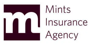 Logo of community-based Mints Insurance Agency featuring a stylized letter 'm' in burgundy alongside the company name in matching font and color.