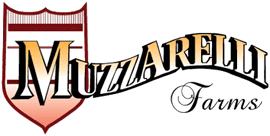 Logo of community-based Muzzarelli Farms featuring a red and white shield with the letter "m" above the farm's name in decorative script.