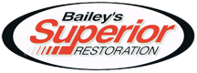 Logo of Bailey's Superior Restoration, community-based, featuring red and white text on a green oval background with a stylized graphic element.