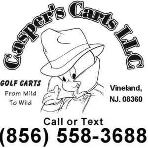 Illustration of a community-based cartoon ghost wearing a hat, with text "Casper's Carts LLC, golf carts from mild to wild, Vineland, NJ. Call or text (856)