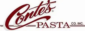 Logo of conte's pasta co. inc., featuring community-based, stylized red and black text with a decorative underline.