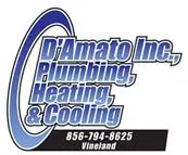 Logo of community-based D'Amato Inc. featuring text for plumbing, heating, and cooling services with a phone number and location in Vineland.