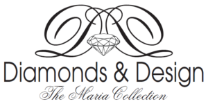 Logo of "Diamonds & Design - The Maria Collection" showcasing a community-based, elegant script, a diamond illustration, and decorative swirls.