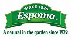 Logo of Espoma, featuring the brand name in white on a green leaf-shaped background, with the community-based tagline "a natural in the garden since 1929" below it.