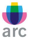 Logo of community-based arc featuring a stylized tulip in blue, green, yellow, and pink on a dark green background with the text "arc" in gray lowercase letters.