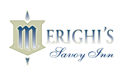 Logo of Meright's Community-Based Savoy Inn featuring an embellished letter "M" in a shield with ornate script for the text.