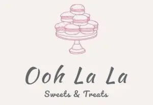 Illustration of a community-based three-tier stand filled with pink macarons, titled "ooh la la sweets & treats" in stylish script.