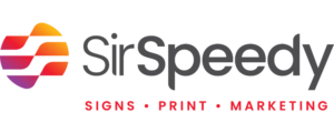 Logo of Sir Speedy featuring a stylized, multicolored abstract shape next to the text "Sir Speedy" in gray, followed by "community-based signs • print • marketing" in smaller