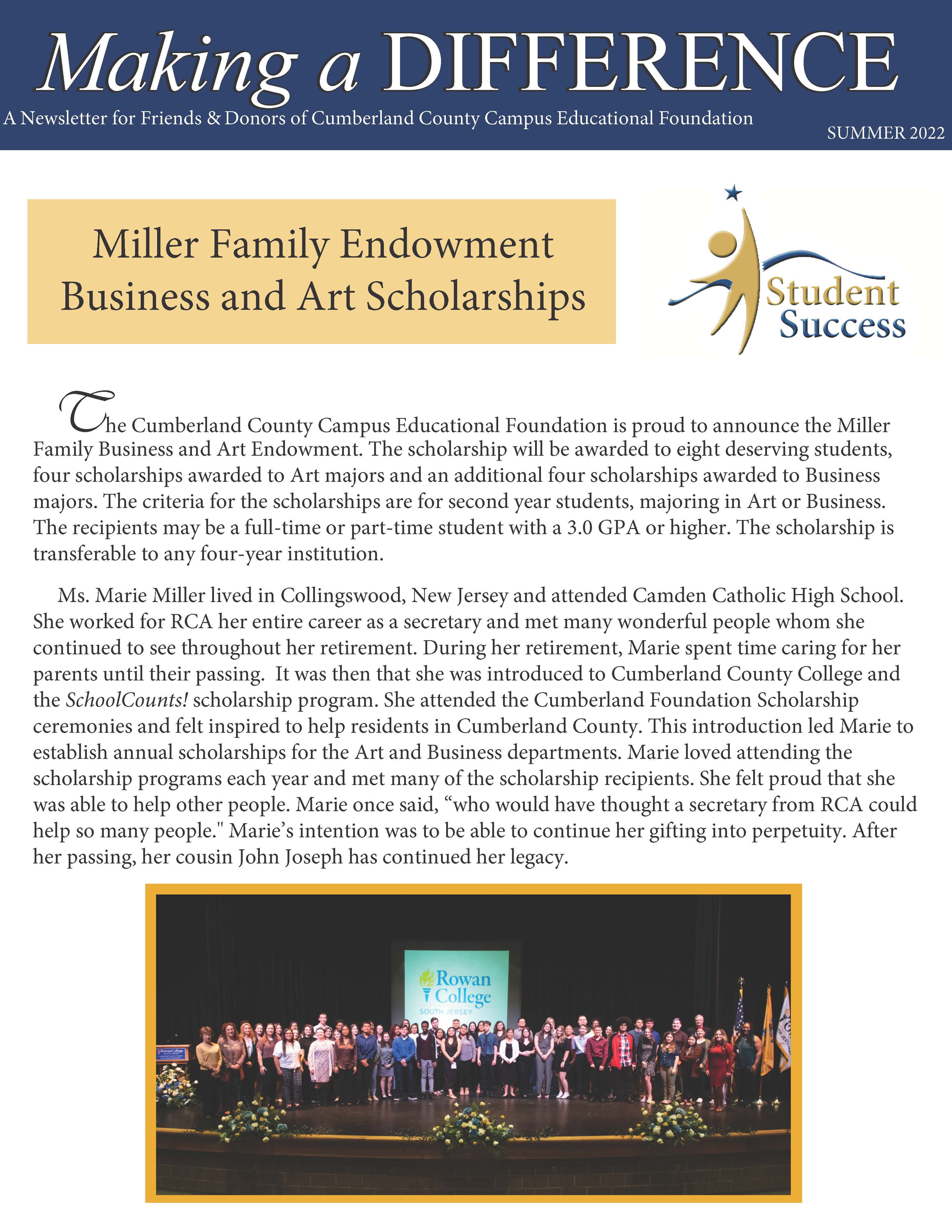 Making a difference - miller family endowment business and art scholarships.