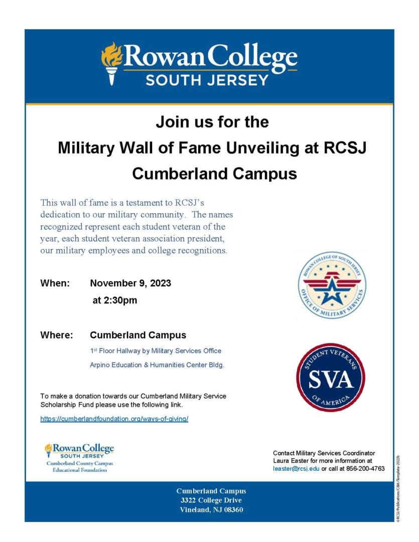 A flyer for the military wall of fame unveiling at cumberland campus.