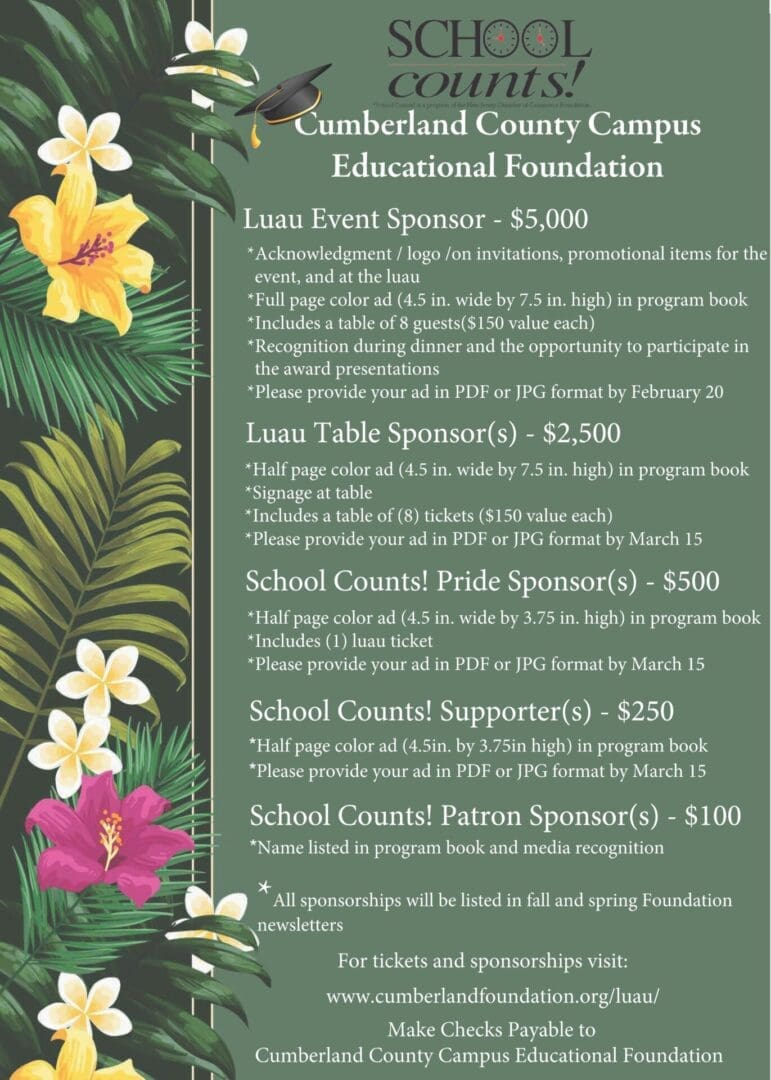 Image showcasing a flyer for cumberland county school counts foundation's luau event. details event activities, sponsorship levels, and payment information surrounded by tropical floral designs.