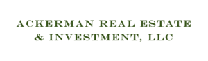 Text logo of "Ackerman Community-Based Real Estate & Investment, LLC" in white serif font on a dark green background.