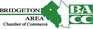 Logo of the community-based Bridgeton Area Chamber of Commerce featuring a green silhouette of New Jersey and white text on a green background.