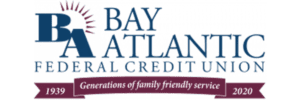 Logo of Bay Atlantic Federal Credit Union featuring stylized text, dates 1939 and 2020, and a community-based slogan "Generations of Family-Friendly Service.