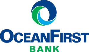 Logo of community-based OceanFirst Bank featuring a stylized blue and green circular icon above the blue text "OceanFirst Bank.