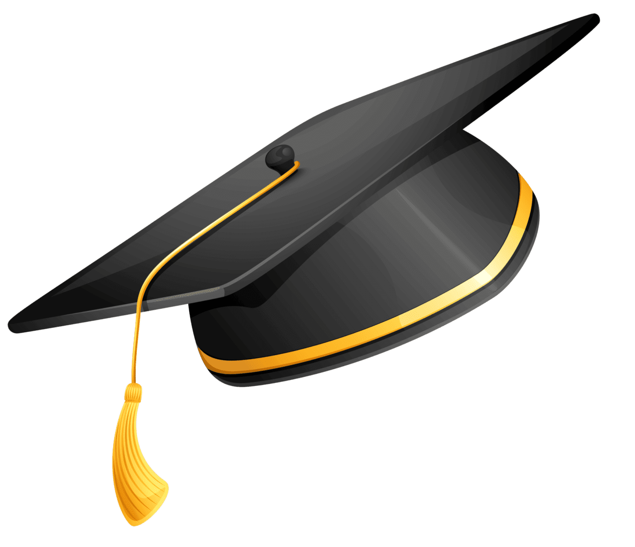 Illustration of a black graduation cap with a yellow tassel on a green background.