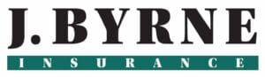 Logo of j. byrne community-based insurance featuring bold, uppercase lettering with "j. byrne" in large black font above a green banner with "insurance" in white letters.