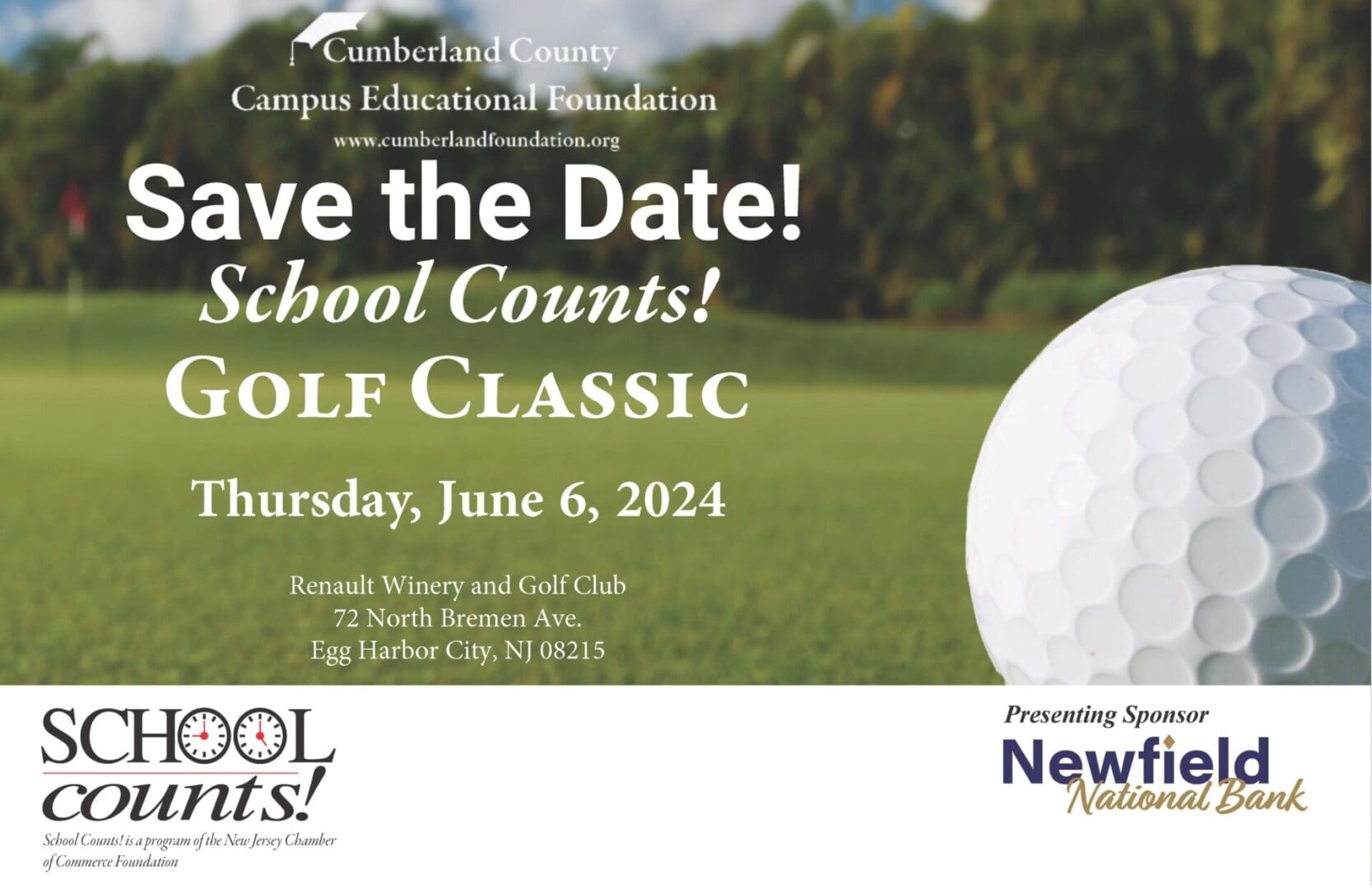 Advertisement for "save the date: school counts! golf classic" event, featuring a close-up of a golf ball, grass, and event details, with logos of sponsors.