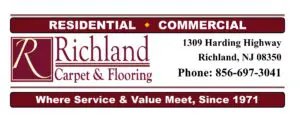 Logo of Richland Carpet & Flooring, featuring a maroon and white color scheme with contact details and the community-based tagline "Where Value Meets, Since 1971.