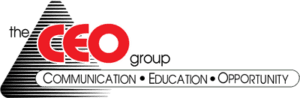 Logo of the community-based CEO group featuring red and white text, with the tagline "communication • education • opportunity" beneath, against a white background.