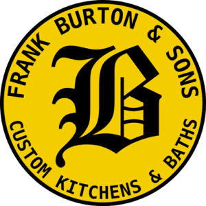 Logo of Frank Burton & Sons featuring stylized "fb" monogram in black on a yellow circle, encircled by the community-based company name and "custom kitchens & baths.