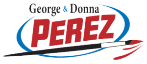 Logo featuring the text "george & donna perez" in stylized red and blue font, accented by a swooping black line and community-based red detailing on a green background.