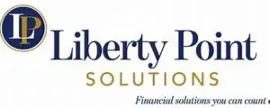 Logo of Liberty Point Solutions featuring a community-based, stylized "lp" in navy blue with the company name and tagline "financial solutions you can count on" in gold and blue.