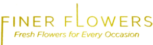 Logo of community-based finer flowers, featuring stylized text that reads "finer flowers" in yellow with the tagline "fresh flowers for every occasion" underneath.