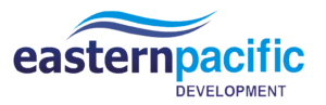 Logo of community-based Eastern Pacific Development featuring a stylized blue wave above the lowercase company name with "DEVELOPMENT" in uppercase.