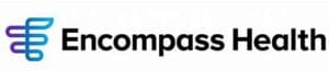 Logo of community-based Encompass Health, featuring the company name in black text alongside a stylized, multi-colored, abstract e symbol.