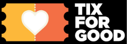 Logo of "tix for good" featuring a white heart in front of a yellow background, bordered by orange and stamped with a dashed line through the center, symbolizing community-based support.