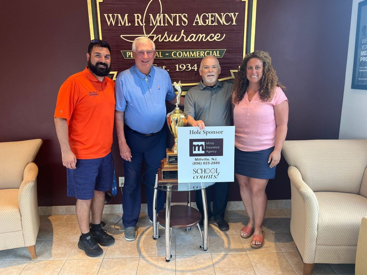 The 2024 Golf Classic Winners: Team Mints Insurance: (pictured left to right) Anthony Ganci, Lew Thompson, Bob Conner and Bryan Danner (Not pictured), with Dr. Maria LeBlanc, Executive Director, Cumberland Foundation.