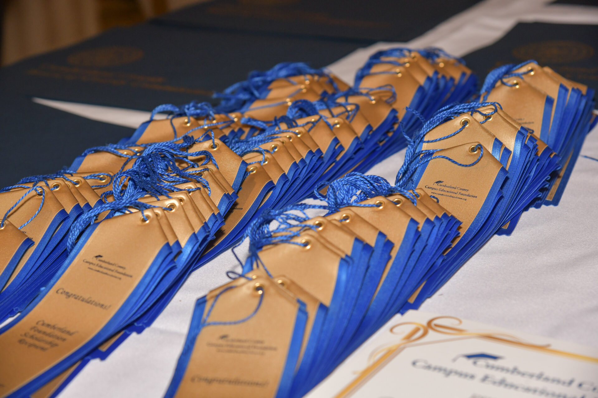 Blue and tan paper fans arranged on a table at an event.